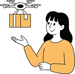Vector art of a happy woman presents a drone delivering a package, symbolizing modern delivery services and technological advancements in logistics and transportation