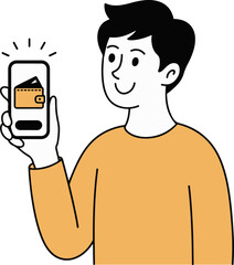 Vector art of a smiling man with short black hair is shown in a minimalist line drawing, holding a smartphone displaying a wallet icon, suggesting mobile payments