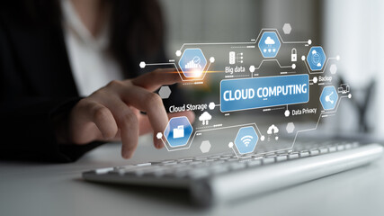 Explore the intersection of business and technology with this illustration of cloud computing, highlighting key elements like data privacy, management, and security features. Tessel