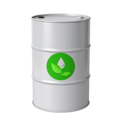 A silver metal drum with a green circular sticker featuring a leaf and water drop icon is depicted against a stark black background, showcasing an industrial and environmental concept.