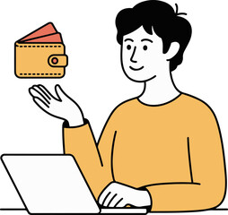 Vector art of a man is using a laptop and looking at a wallet floating above his hand, he is wearing a yellow shirt and smiling he is shopping online and paying with his credit card