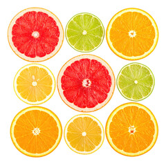 Fototapeta premium Freshly sliced citrus fruits, including grapefruit, lime, oranges, and lemons, arranged neatly against a stark black backdrop, showcasing vibrant colors and textures, ideal for showcasing healthy...