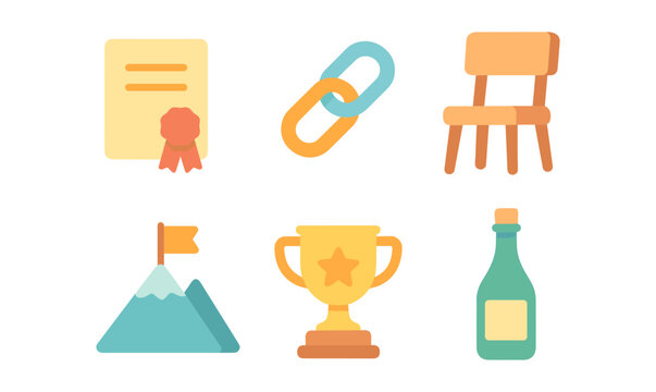 Flat design icons: certificate, chain, chair, mountain, trophy, bottle