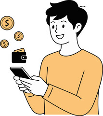 Vector art of a man is using his smartphone to manage his finances, he is wearing a yellow sweater and has short black hair coins and a wallet are floating around him
