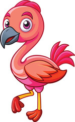 Cute cartoon flamingo standing on one leg with pink feathers