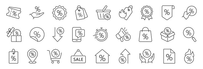 Discount promotion line icon set isolated on transparent background. Price discount tag, sale badge, special offer. Editable stroke. Vector illustration.