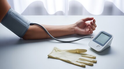 Person taking blood pressure with digital monitor and gloves