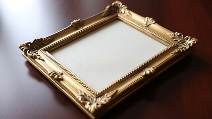 Ornate Gold Picture Frame on Dark Wood Surface