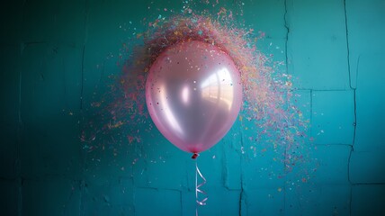 Pink Balloon Explodes with Confetti Against Teal Wall