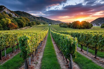 Naklejka premium Vineyard rows at sunset with hills and village