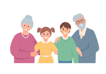 Happy grandparents with grandchildren portrait. International Day of older persons or Grandparent day concept for poster, greeting cards, banner. Vector illustration.