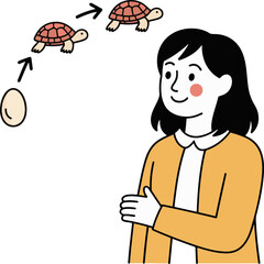 Vector art of illustration depicting the life cycle of a turtle, starting from an egg and progressing through different stages of growth, with a woman observing the process