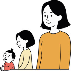 Illustration of a family consisting of a mother, daughter, and baby, showcasing different stages of childhood development and family relationships