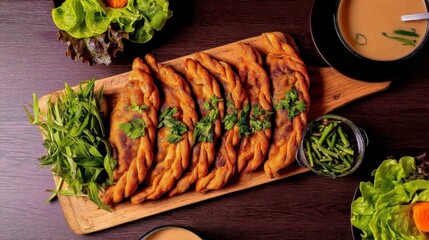 Delicious mongolian khuushuur fried meat pies served with fresh herbs and dipping sauce on a wooden board from an overhead angle in a cozy setting