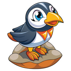 Cute cartoon puffin bird wearing a bow tie on a rock