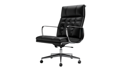 Luxurious office chair with tufted back and armrests, presented against a stark black background, exhibiting a modern, minimalist design and sleek, polished chrome accents.