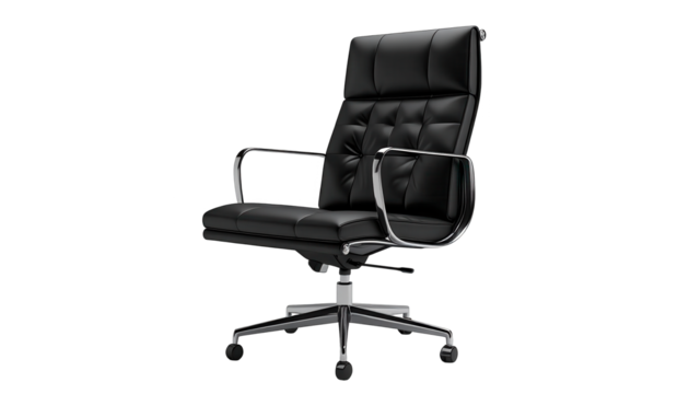 Luxurious office chair with tufted back and armrests, presented against a stark black background, exhibiting a modern, minimalist design and sleek, polished chrome accents.