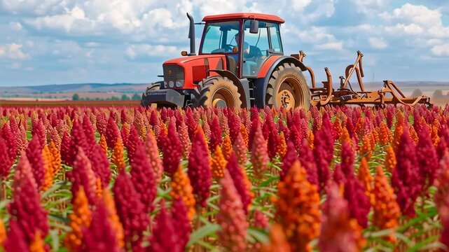 A red tractor working in a colorful sorghum field under a bright sky, representing farming, harvest, agriculture, and rural production