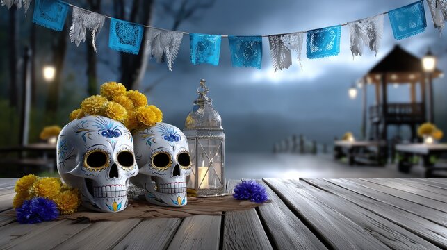 Dia de Muertos, Day of the Dead sugar skulls, ornate patterns, marigold flowers, glowing lantern on a wooden table, outdoor night setting, festive Mexican tradition.
