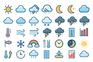 Obraz premium Stylized Weather Icon Set with Forecast Symbols on White Background