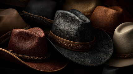 Seamless cowboy hat pattern featuring various styles blending into a smooth continuous design with subtle leather textures