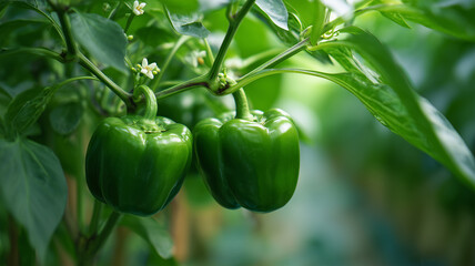 家庭菜園で実る緑のピーマン房