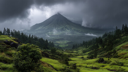 Fototapeta premium 豪雨と稲妻が覆う火山谷のモンスーン風景