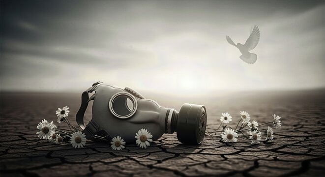 Solemn remembrance for innocent victims of chemical warfare. A broken gas mask lies on dry earth with flowers and a flying dove, symbolizing peace.