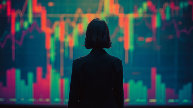 女性が金融チャートを見つめる後ろ姿 - Powered by Adobe