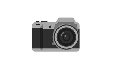 Fototapeta premium A modern digital camera with a lens, depicted in a flat vector illustration style on a white background.