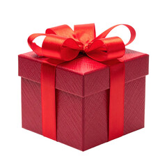 Obraz premium Elegant red gift box with a satin ribbon and bow on a stark black background, emphasizing the details and festive ambiance of the present.