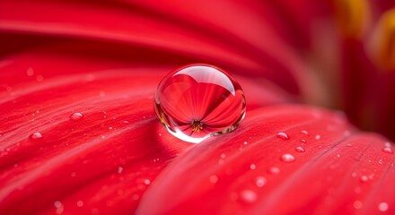 Macro view of a water drop on a red gerbera petal.