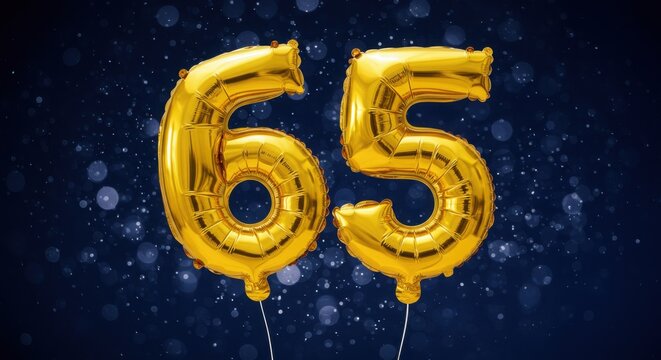 Golden 65th Birthday or Anniversary Balloons on a Blue Bokeh Background