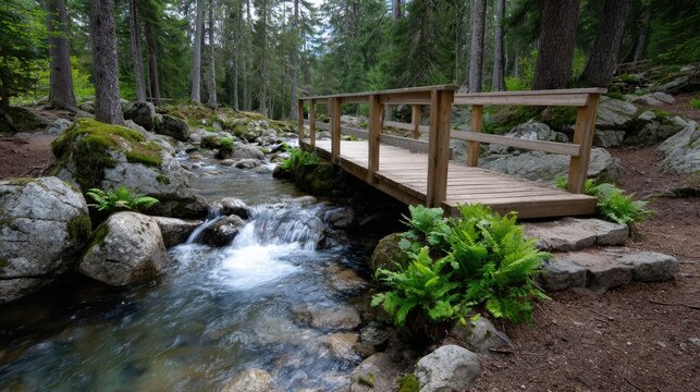 A rustic wooden bridge connects two banks over a flowing stream, surrounded by vibrant green ferns and tall trees. Sunlight filters through the leaves, creating a peaceful atmosphere - Powered by Adobe