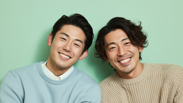 男性が寄り添い笑うミント背景