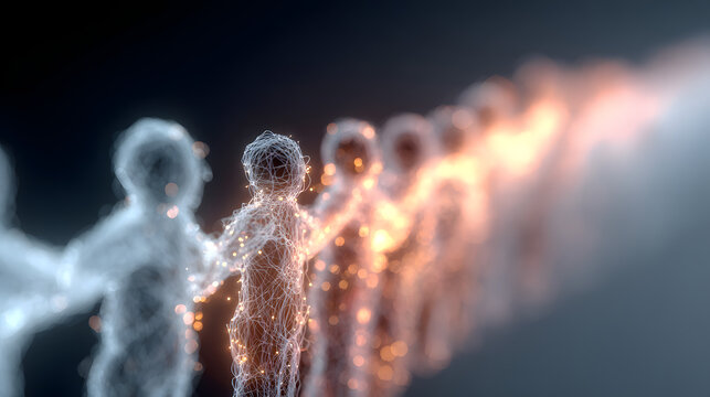 Seamless team of diverse people connected by glowing threads of light symbolizing effortless cooperation teamwork and mutual support