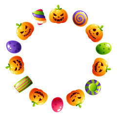 A round Halloween candy frame on a white background. A wreath of striped lollipops and pumpkin shaped sweets. The template is perfect for party invitations or greeting cards.
