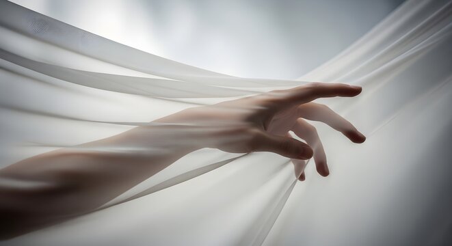 Gentle Hand Reaching Through Flowing Fabric.
