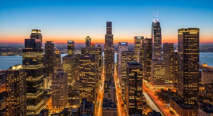 Fototapeta premium Aerial View of a Modern City Skyline at Twilight.