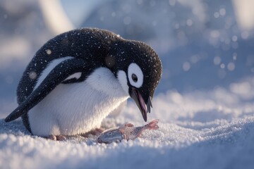 Penguin leaning down over fish resting on snowy ground in icy environment