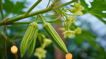 Obraz premium 家庭菜園の枝に実るオクラの房