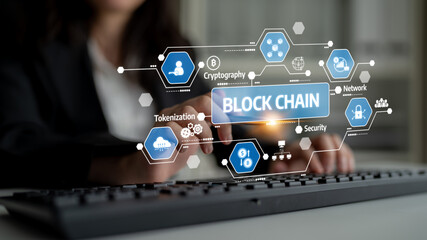 Explore advanced blockchain technology concepts showcased through a digital interface with security elements in a modern corporate office environment. Tessel