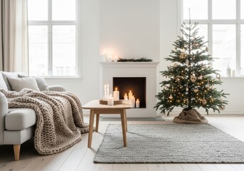 Cozy living room decorated for Christmas with tree, fairy lights, and natural accents. Ideal for holiday decor inspiration, real estate listings, or seasonal advertising.