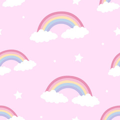 Sweet Rainbows and Clouds on Pink Background Seamless Pattern