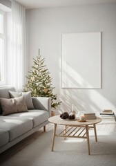 Modern Christmas interior with blank poster frame mockup. Scandinavian-style living room features cozy sofa and decorated Christmas tree. Perfect for showcasing holiday art or photography.