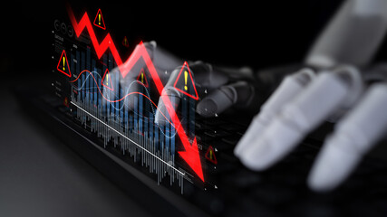 AI visualizes economic caution with smart graphs, alert icons, and data trend analysis, helping...
