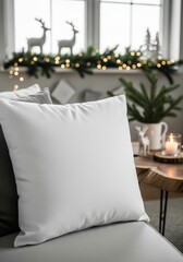 Cozy Christmas interior with blank white pillow mockup on sofa. Scandinavian-style living room lit Christmas tree, gifts, and knitted blanket. Perfect for showcasing holiday designs or home decor.