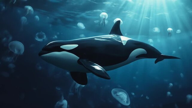 A majestic orca swimming gracefully among translucent jellyfish in a serene underwater scene
