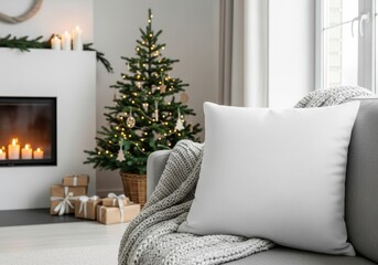 Fototapeta premium Cozy Christmas interior with blank white pillow mockup on sofa. Scandinavian-style living room lit Christmas tree, gifts, and knitted blanket. Perfect for showcasing holiday designs or home decor.