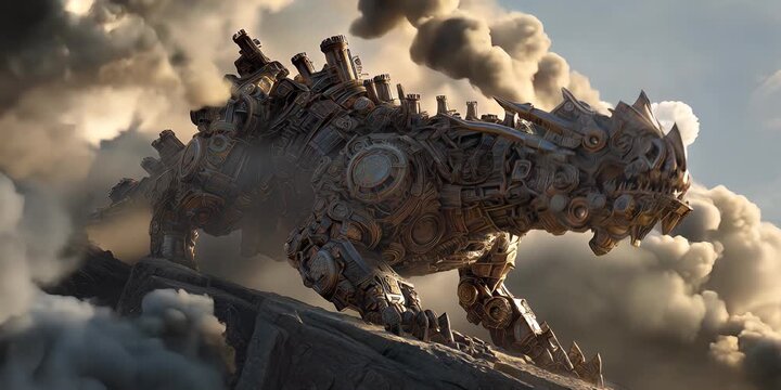 Enormous steampunk mechanical dragon roars in smoke